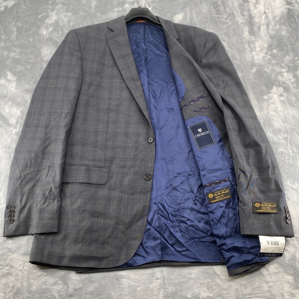 Cremieux Loro Piana Super 130s Wool Blazer Mens 46L Grey Plaid Sport Coat NEW